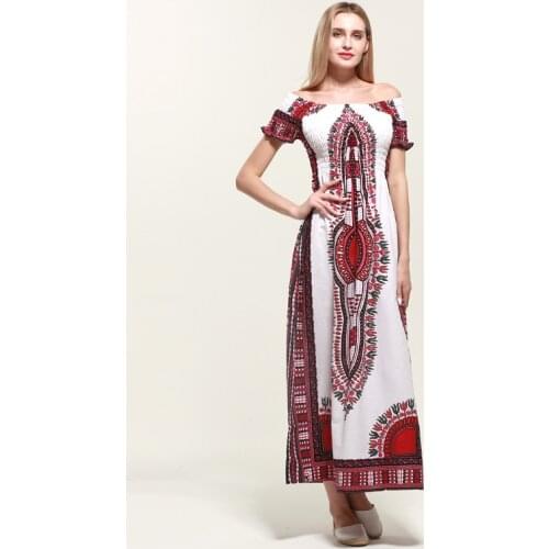 African Indie Folk Dress Women Cotton Print Fit and Flare Slash Neck African Women Dress