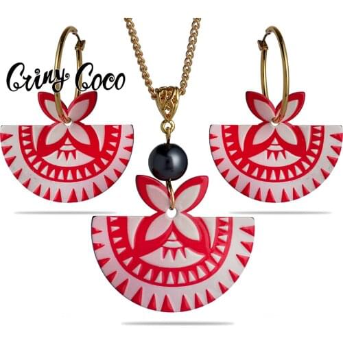 Cring Coco Acrylic Plumeria Hibiscus Flowers Jewelry Set Polynesian Summer Beach Monstera Leaf Earrings and Necklaces for Women