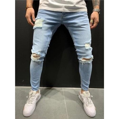 Casual Wild Slim Jeans Mid Waist Adults Pencil Pants Daily Simple Classic Style Solid Color Washed Ripped Holes Trousers