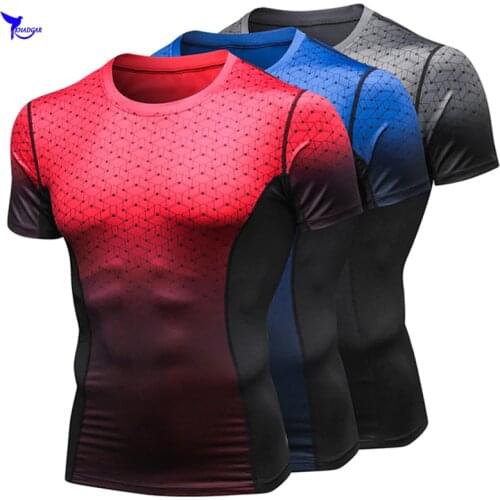 3D Printed Gradient Color Quick Dry Running Shirt Men Compression Short Sleeve T-Shirts Fitness Tight-Fit Jersey Gym Sportswear