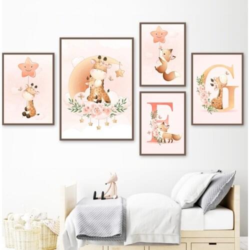 Cute Giraffe Fox Star Moon Flower Leaf Nursery Wall Art Canvas Painting Nordic Posters And Prints Wall Pictures Kids Room Decor
