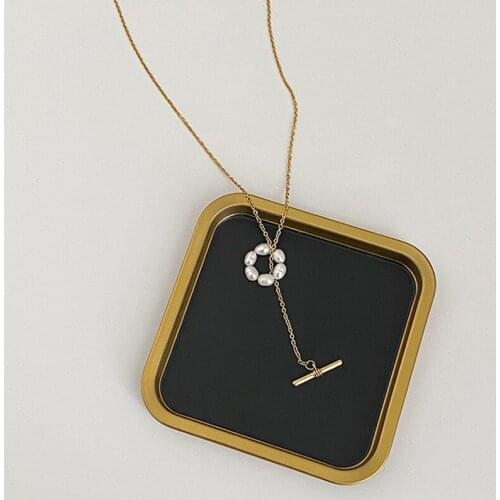 SRCOI Trendy Geometric Metal Water Wave Chain Simple Temperament Imitation Pearl OT Buckle For Women Charm Fashion Jewelry