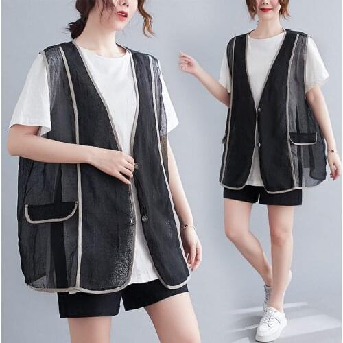New Black Thin Mesh Vest Jacket Womens Fashion Outer Wear V-neck Waistcoat Pocket Summer Casual Sleeveless Jacket Tide aq480