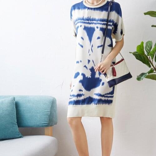 Print New silk Back and ice silk blend real dress loose bat sleeve dress