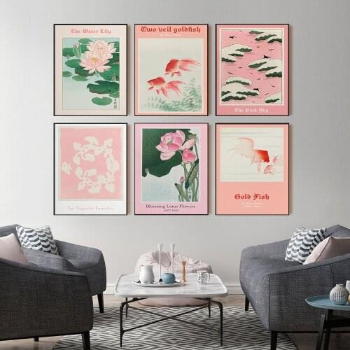 Pink Sky Gold Fish Posters Print Vintage Japanese Wall Art Cover Magazine Canvas Painting Exhibition Home Decoration Room Decor