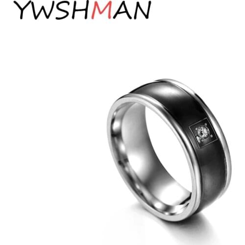 Mens Black Simple Zircon Ring Fashion Stainless Steel Rhinestone Ring Party Gift Mens Jewelry Joyas de hombre