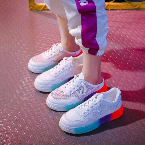 Rainbow Breathable Mesh Half-drag Womens Shoes Cute Fairy Color Changing Fashion Casual Shoes Light Outdoor Slippers Sandals