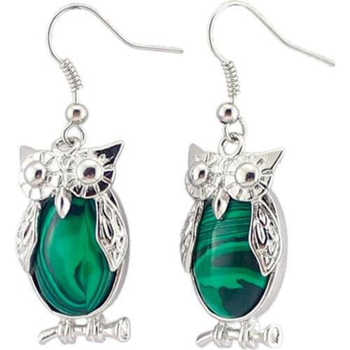 FYSL Silver Plated Wisdom Owl Shape Malachite Stone Drop Earrings for Women Green Aventurine Jewelry