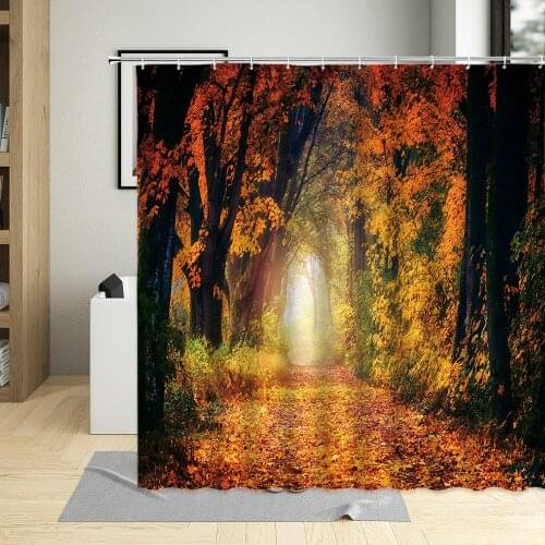 Autumn The Road Of Yellow Forest Shower Curtain 3D Nature Landscape Printing Screen Bathtub Decor Waterproof Curtains With Hooks
