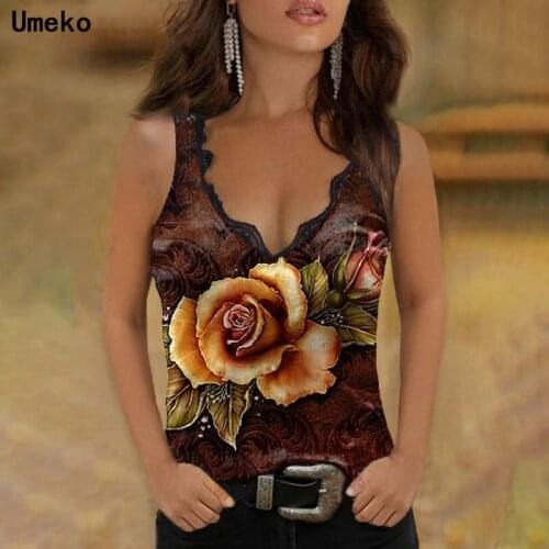2021 Women Casual Rose Flower Print Sleeveless T-shirt Summer Sexy V Neck Camisole Sling Tops Female Fashion Streetwear Tops