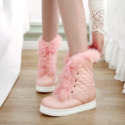 PXELENA Sweet Girls Flat Platform Fur Plush Waterproof Snow Boots Women Shoes Winter Warm Ankle Boots Lace Up White Pink 34-43