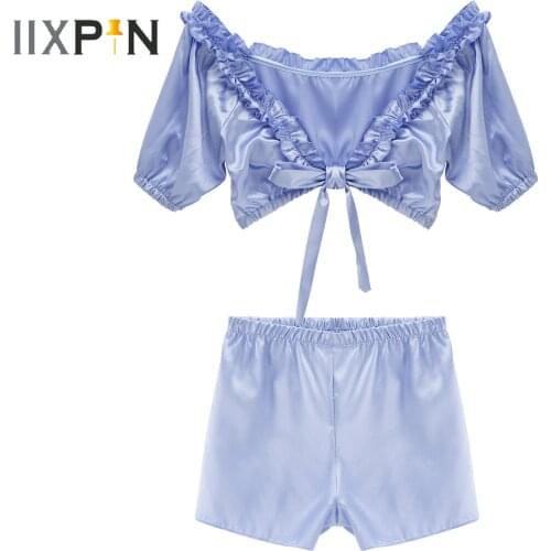 Womens Summer Two-piece Satin Pajamas Set Lace-up Front Ruffles Crop Top with Mid Waist Shorts Bottoms Sexy Nightwear Homewear