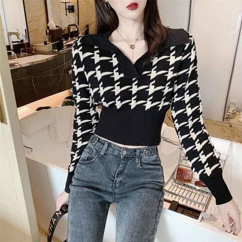 Woman Sweaters Autumn Winter Houndstooth V-neck Sweater High Waist Sweater Top Femme Chandails Pull Hiver
