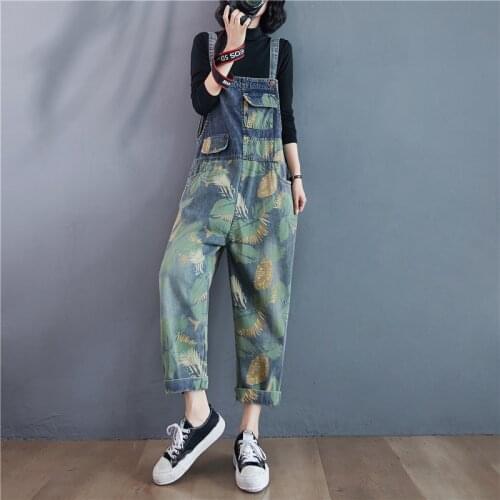 Autumn Retro Denim Jumpsuit Female Printed Pocket Strap Casual Romper Long Pants Women Jeans Overalls 2020 New