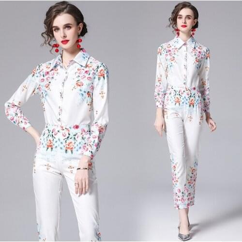 2021 Spring Fashion Designer 2 Piece Set Women Elegant Office OL Lady Flower Print Blouse Top + Pencil Pants Outfits