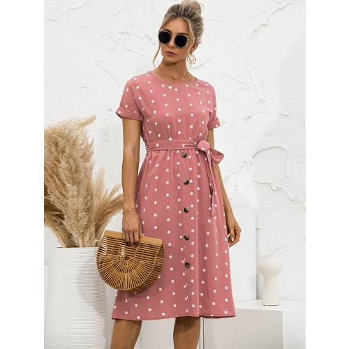 Women Summer Polka Dot Midi Dress Female Short Sleeve O-neck Button Pink Long Dresses 2021 Casual Fashion Belt Office Lady Dress