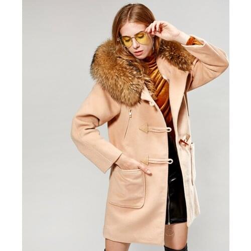 Maomaokong-2021 natural fur coat female loose natural raccoon fur collar cashmere wool coat