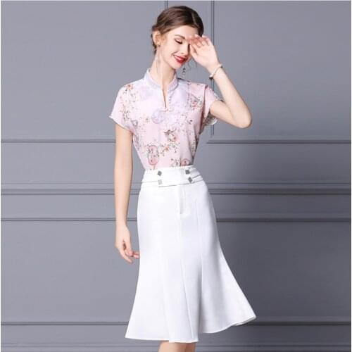 Retro Black White Summer Ladies Fishtail Dress Suit Button Printing Flower Chinese Style Women Trumpet Empire Vintage OL Dresses
