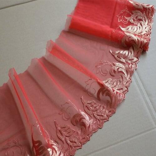 15YDS Red Transparent Mesh Fluorescent Gold Pattern Embroidered Scalloped Tulle Lace 20cm Width Wedding,Garment,Undergarment