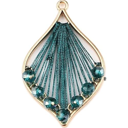 3 PCs Iron Based Alloy & Glass Thread Wrapped Pendants Leaf Gold Color Champagne Charms Findings 42mm x 26mm