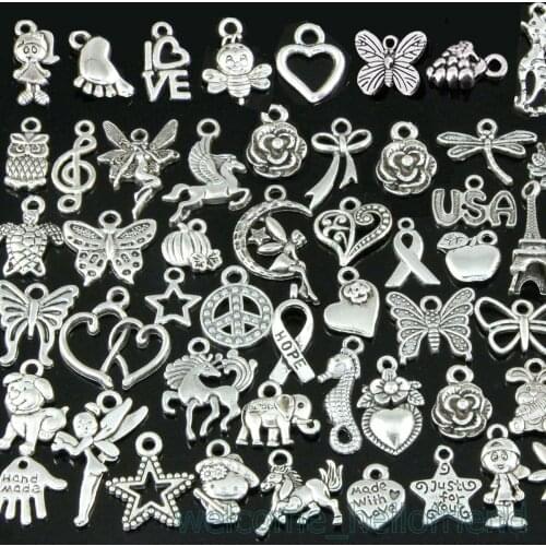 50/100pcs Mixed Tibetan Silver Charms Diy Silver Beads Accessories Heart Shape Cross Pendant Starfish Elephant Metal Charm Etc