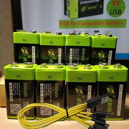 8X ZNTER S19 9V 600mAh USB Rechargeable li-ion 9V Lipo Battery RC Battery For microphone with USB cable