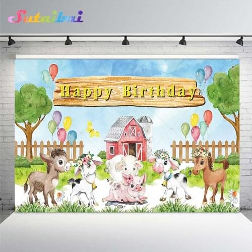Watercolor Farm Cottage Barn Barnyard Animals Cow Horse Pig Custom Baby Kids Birthday Photo Studio Backdrop Background Vinyl