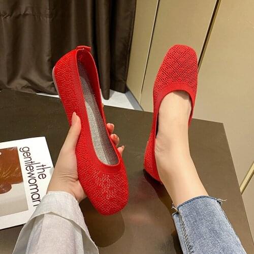 Four Seasons Stretch Knit Fabric Shoes Hollow Fabric Ballet Flats Patchwork New Women Heel Anti Skid Breathable Loafer Female