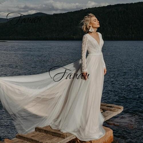 Bohemian Long Sleeve Wedding Dress A-Line V Neck Backless Lace Tulle Beach Bridal Gowns Boho robe de soirée de mariage платье