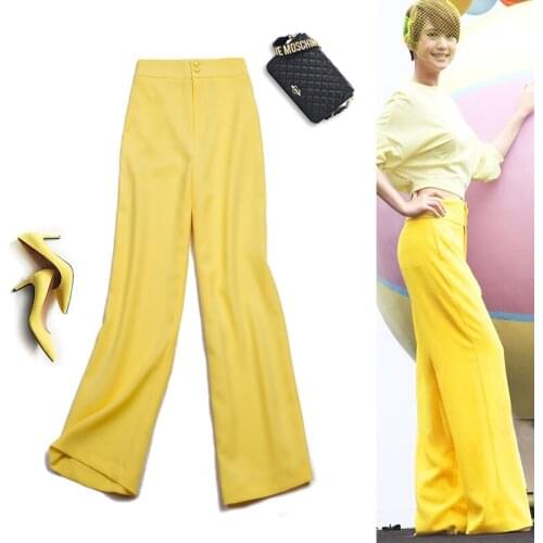 Spring autumn Office Lady straight pants woman work pants suit trousers woman OL high waist slim yellow loose wide leg pants