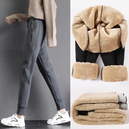 Women Winter Wool Lamb Pants Thicken Warm High Waist Solid Color Trousers Plus Size Outdoor Female Fashion Casual Padded Pants