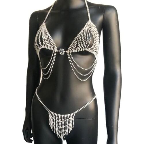 Women Luxury Bikini Body Chain Bling Rhinestone Crystal Tassel Chain Sexy Bra and Thong Set Underwear Body Jewelry Accessories
