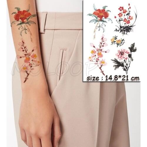 Ink and Wash Painting Water Transfer Tattoo Stickers Women Body Chest Art Temporary Girl Waist Bracelet Flash Tatoos Flower