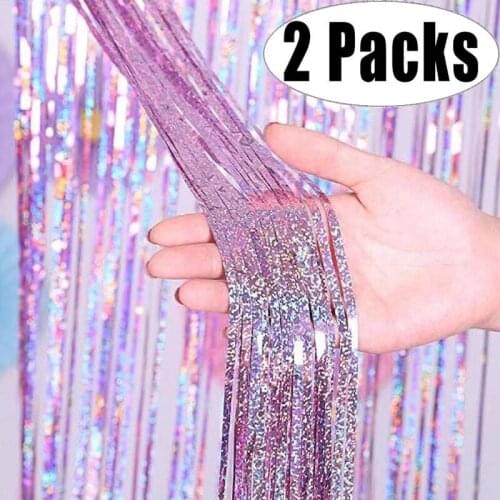 2Pack Party Backdrop Decorative Curtains Metallic Foil Tinsel Fringe Curtain Wedding Birthday Party Decorations Tape For Globos