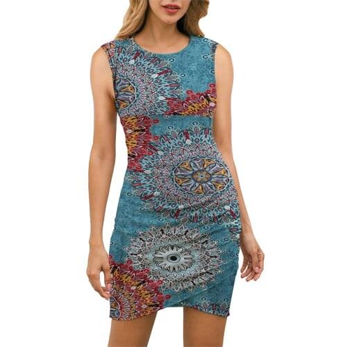 Cotton Ruched Sexy Party Dress Women Sleeveless Elastic Mini Dress Vintage Print Summer Bodycon Club Wear Vestidos #T1G