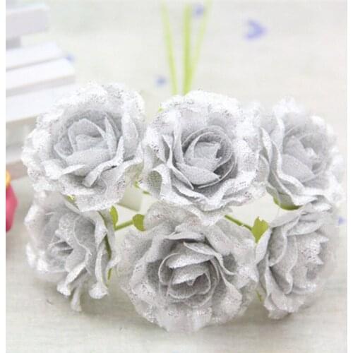 WedFavor 60pcs 3.5cm Artificial Metallic Flowers Fabric Glitter Rose Bouquet For Garland Corsage Candy Box Scrapbooking Wedding