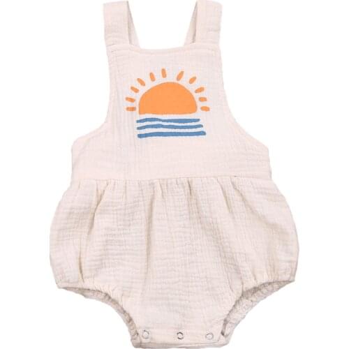 0-24M Infant Baby Girl Sweet Romper Cotton Linen Clothes Cartoon Sun Print Sleeveless Jumpsuit Playsuit Summer One Piece