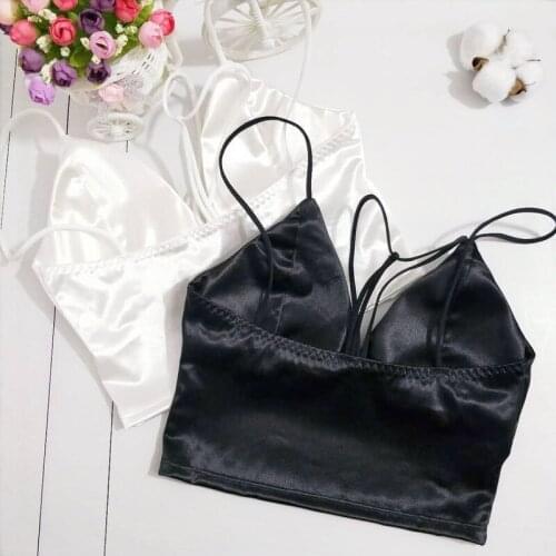 Sexy Satin Crop Tops Women Wireless Bralette Crochet Top Female Spaghetti Strap T-shirt Cropped With Chest Padded Camisole