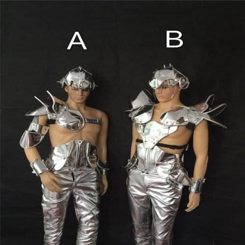 KS14 Singer stage wears robot men suit silver mirror armor outfits dj club dress bodysuit male wears clothe dance costume disco