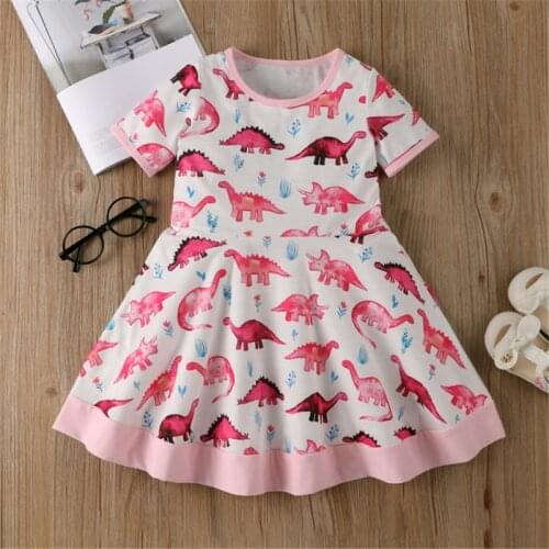 Summer Infant Kids Baby Girl’s Fashion Dinosaur Dress Fresh Short-sleeved Children Princess Ruffle A-Line Dress