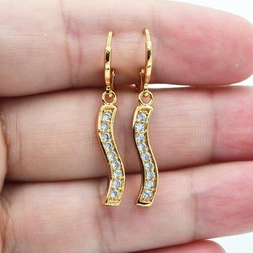 Gold Color Clear CZ Fashion Wavy Dangle Earrings For Women Party Jewelry