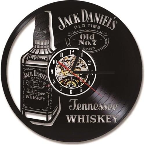 A Bottle of Whiskey Beer Wall Clock Modern Design Vintage Vinyl Record Clocks LED Lighting Wall Watch Home Decor for Beer