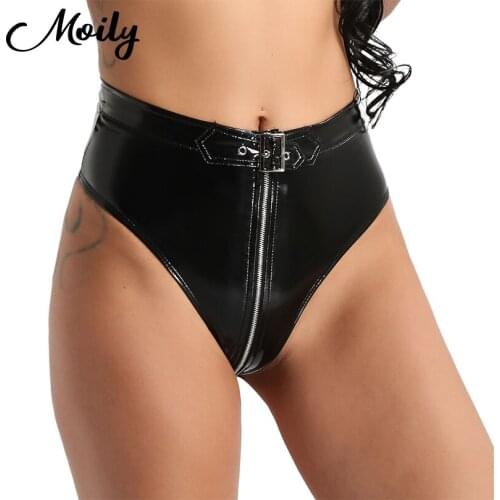 Lingerie Wet Look Latex PVC Panties Womens Underwear High Cut Briefs Front Zippered Belt Briefs Sexy Female Rave Outfit Clubwear