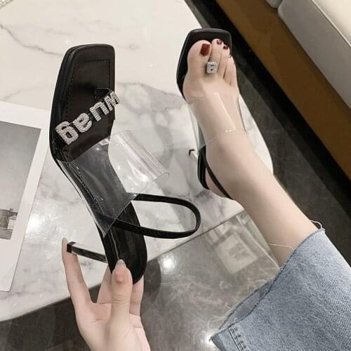 Transparent word belt womens shoes 2021 new summer exquisite letters rhinestone sandals square toe fashion high heels