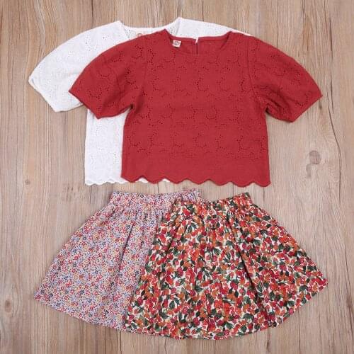 O Neck Childrens Clothing Sets Toddler Baby Girl Summer Mini Skirt Lace Top Flower Printing Costumes Two-pieces Set 1-6Y