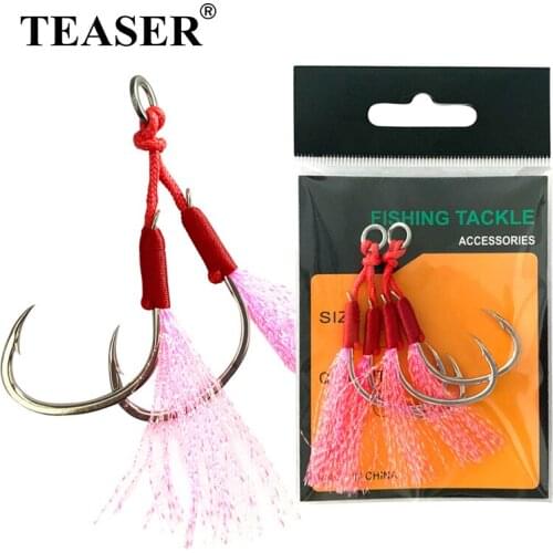 TEASER 1/0 2/0 3/0 4/0 Twin Assist Carp Hooks Bait Fishhooks PE Lines Carbon Steel Hooks Slow Jigging Fishing Cast Jigs Pesca