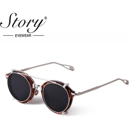 STORY Vintage Steampunk Clip on Sunglasses Men 2020 Fashion Classic Leopard Metal Round Removable Flip Lens Sun Glasses S1810