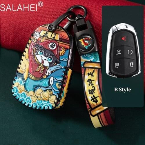 Genuine Leather Fun 5 Buttons Keyless Entry Replacement Car Key Remote Fob Shell Case Cover For Cadillac ATS CT6 CTS SRX XT5 XTS