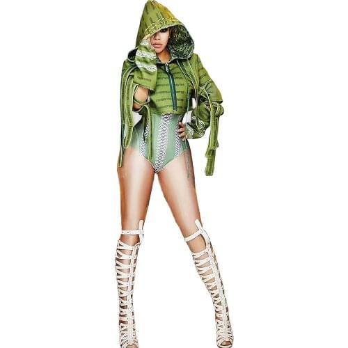 Green Bodysuit Sets Personality Cloth Decoration Hooded Short Top Belt Pattern Printing Nightclub Dance Show Wear Stage Outfit