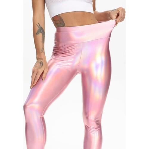Women High Waist PU Leather Leggings Colorful Laser Gym Yoga Pants Stretchy Push Up Sports Tights Scrunch Leggings Party Outwear